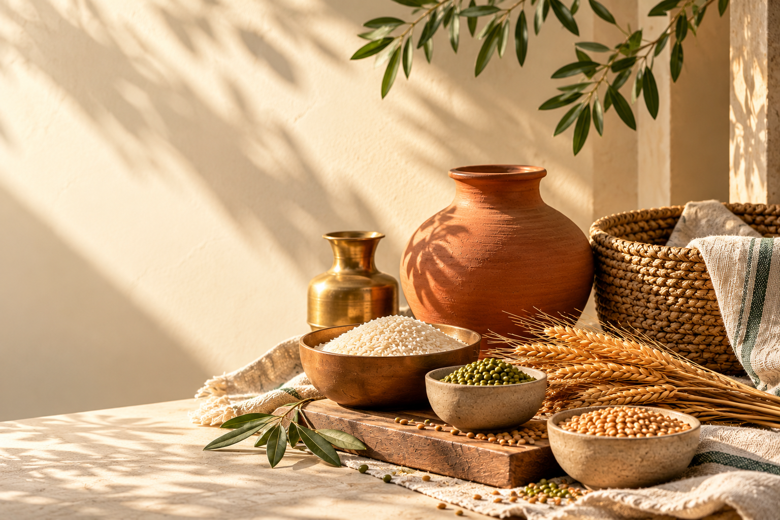 Everyday grains, rice, wheat and pulses arranged in warm natural light.