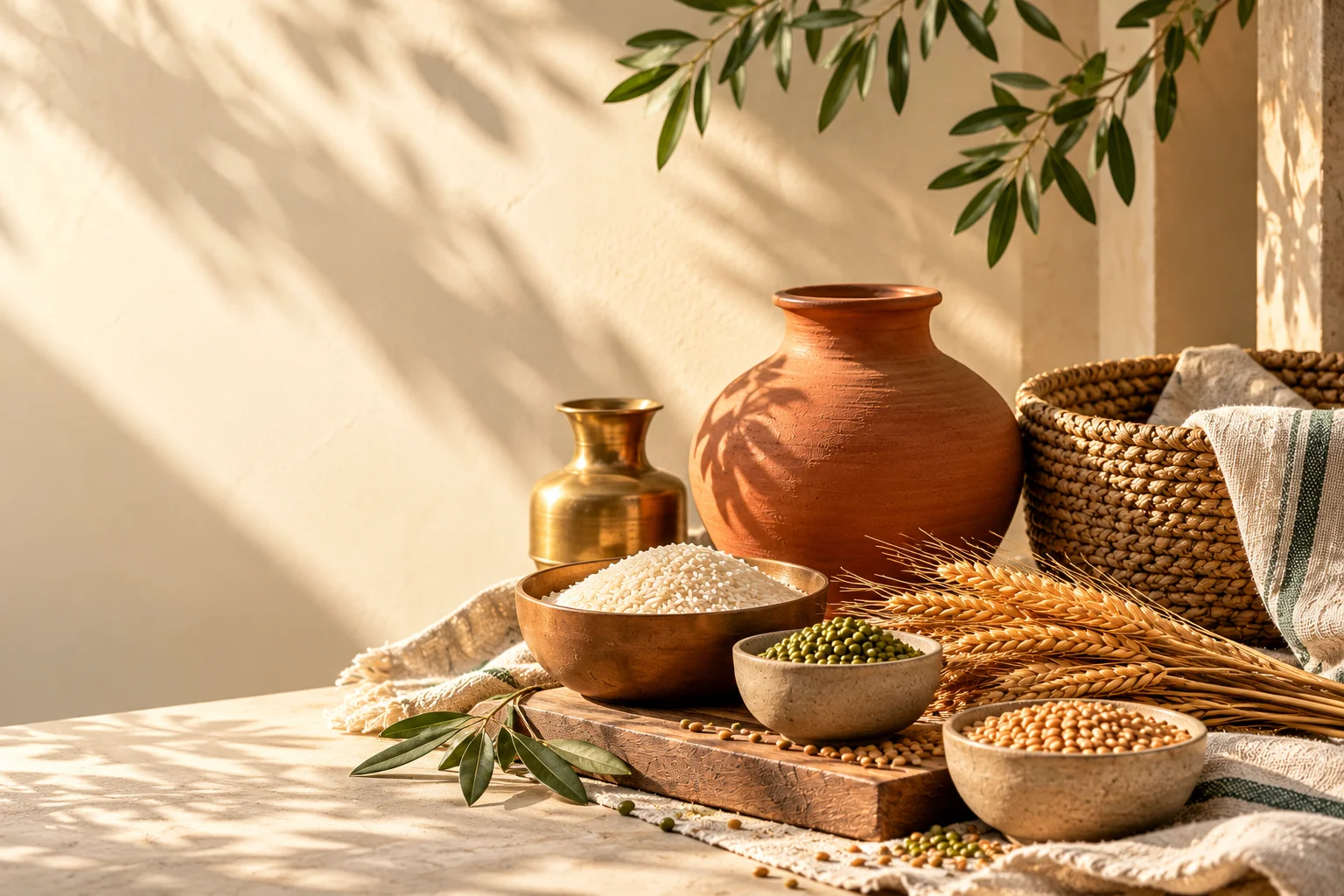 Everyday grains, rice, wheat and pulses arranged in warm natural light.