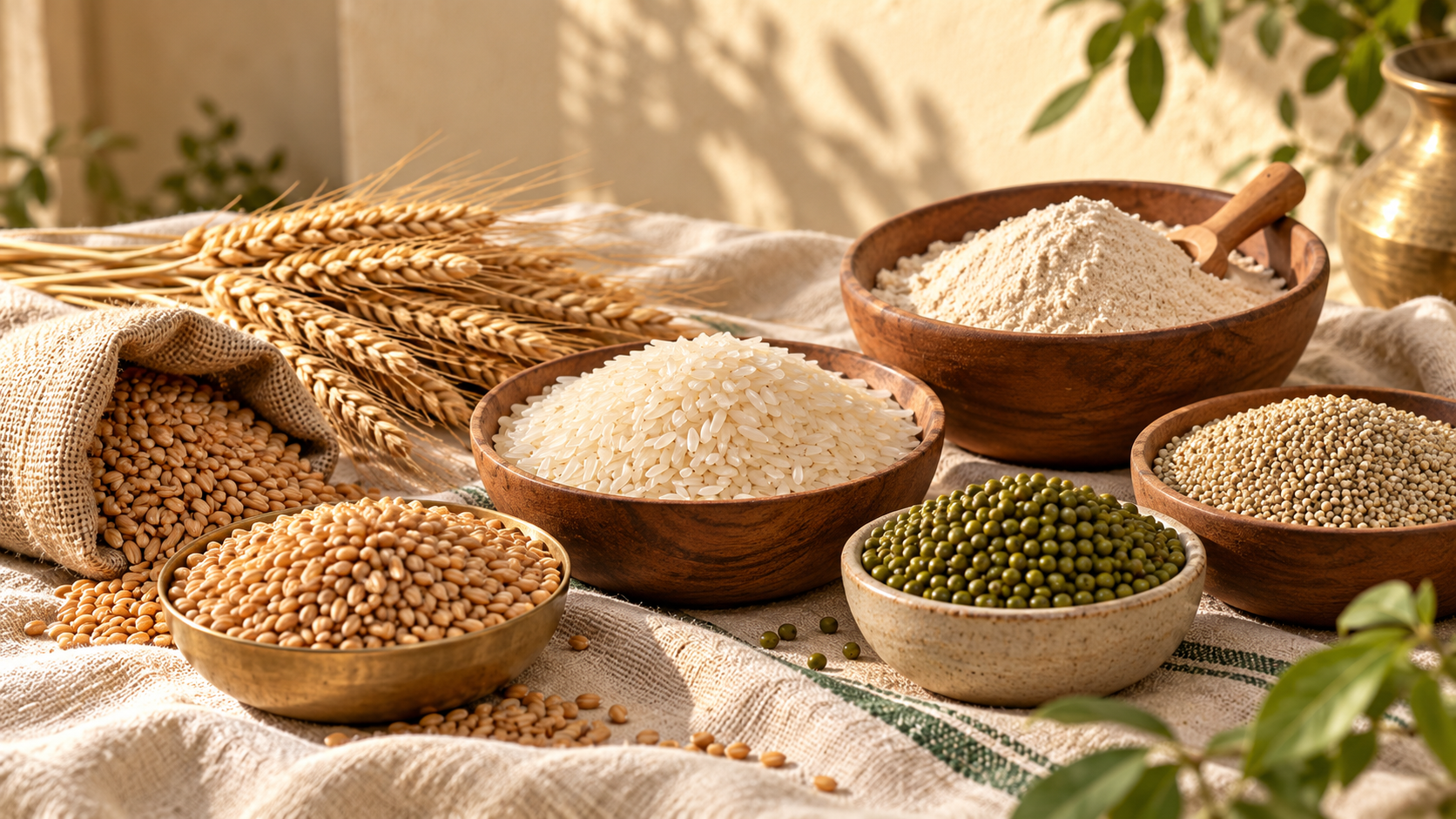 Rice, wheat flour, pulses and grains arranged on a farm table.