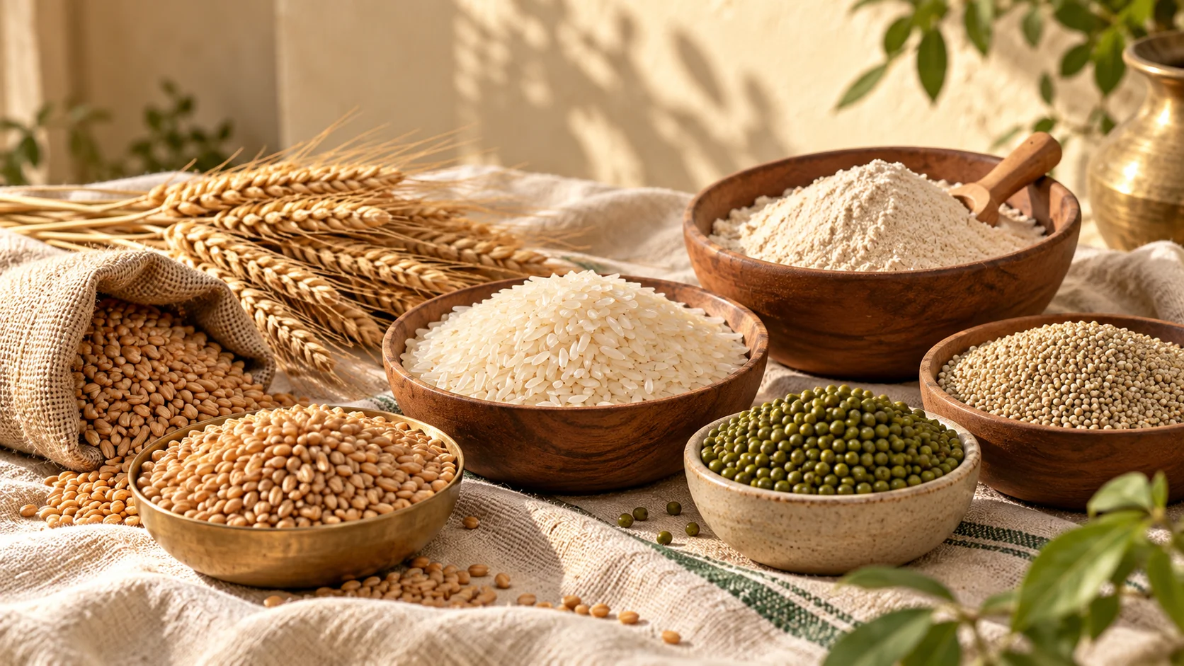 Rice, wheat flour, pulses and grains arranged on a farm table.