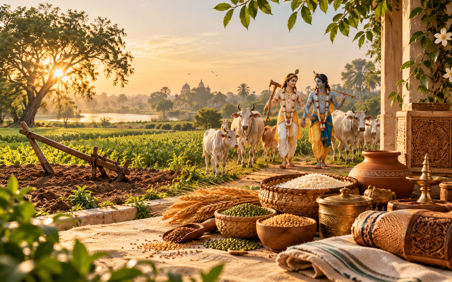 Sunlit fields, cattle and traditional grain vessels.