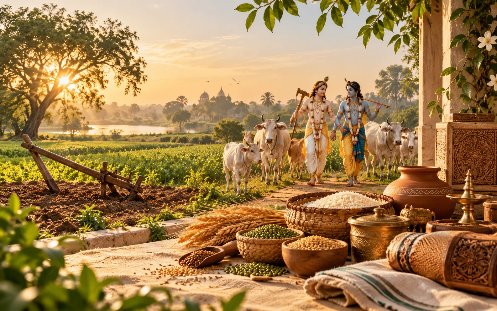 Sunlit fields, cattle and traditional grain vessels.