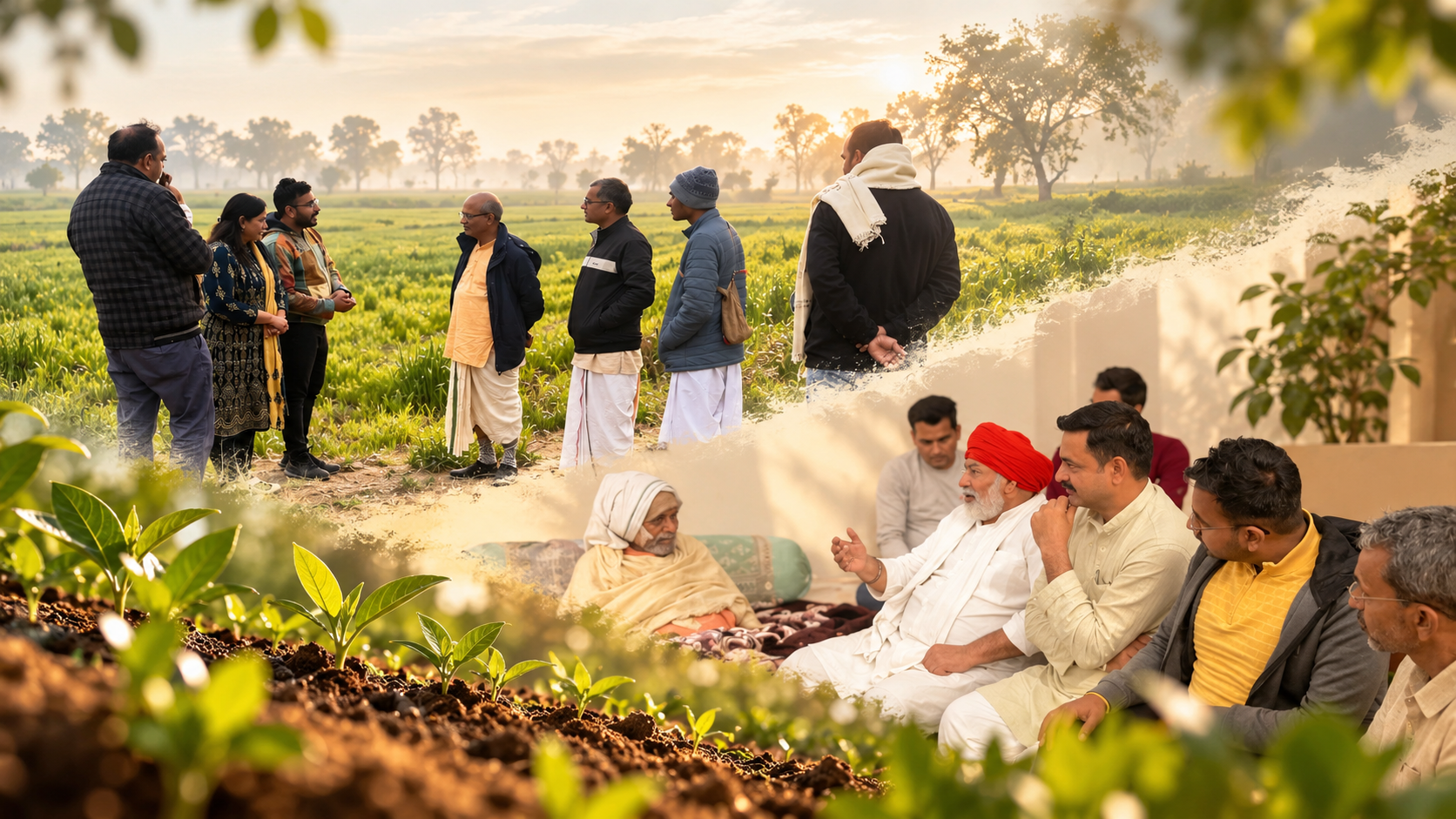 People meeting beside a cultivated field in the morning light.